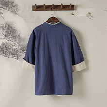 Load image into Gallery viewer, back of a navy blue Hanfu jacket with short sleeves and folded cuffs
