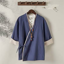 Load image into Gallery viewer, front of a navy blue Hanfu jacket with short sleeves and folded cuffs
