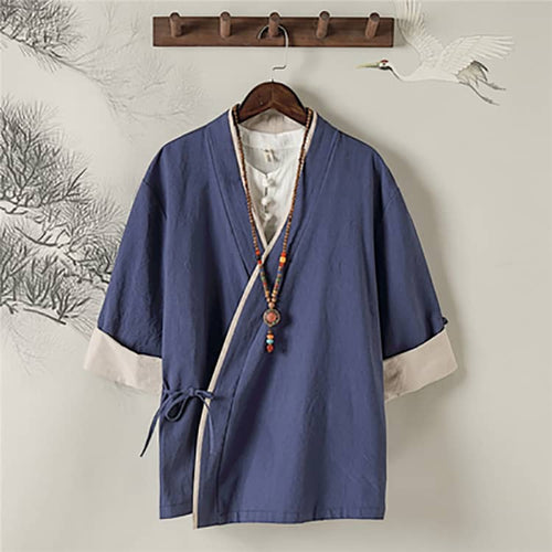 front of a navy blue Hanfu jacket with short sleeves and folded cuffs