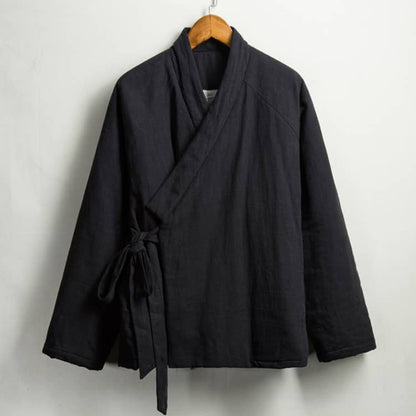 front of black quilted hanfu jacket in winter