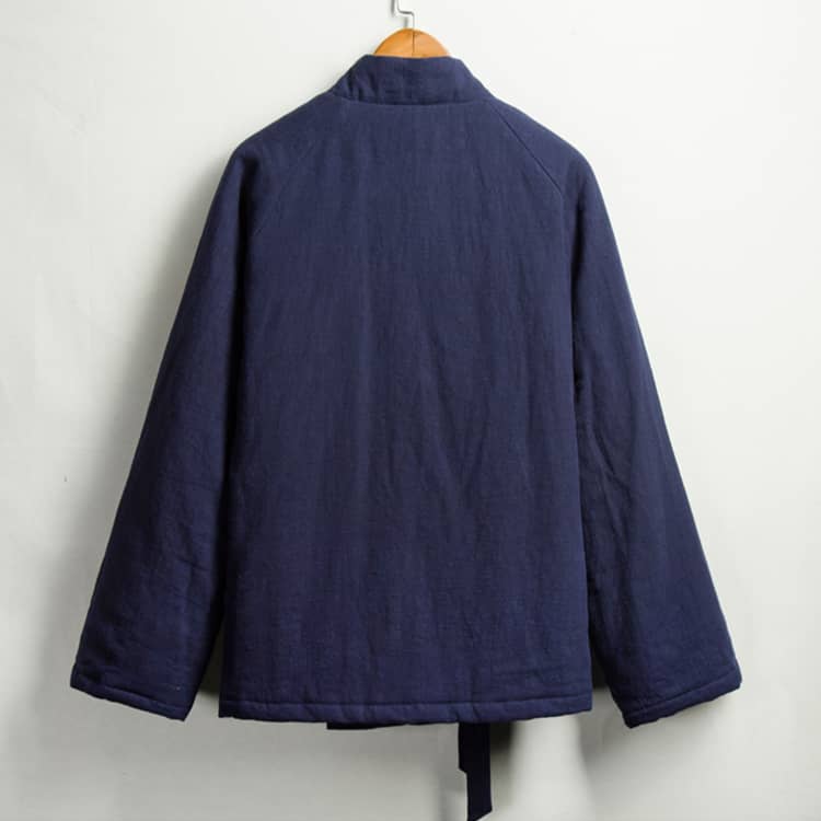 back of navy blue quilted hanfu jacket in winter