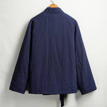 Load image into Gallery viewer, back of navy blue quilted hanfu jacket in winter
