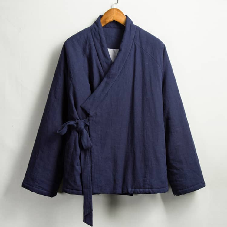 front of navy blue quilted hanfu jacket in winter