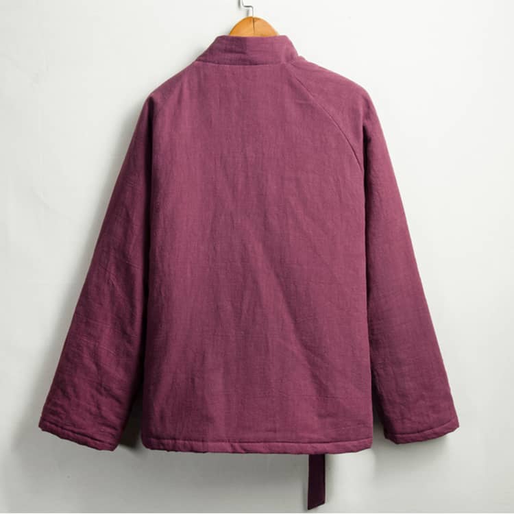 back of wine red quilted hanfu jacket in winter