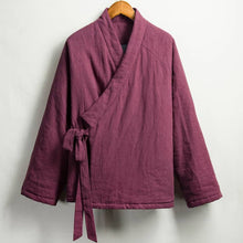 Load image into Gallery viewer, front of wine red quilted hanfu jacket in winter
