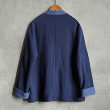 Load image into Gallery viewer, back of navy blue modern male hanfu jacket

