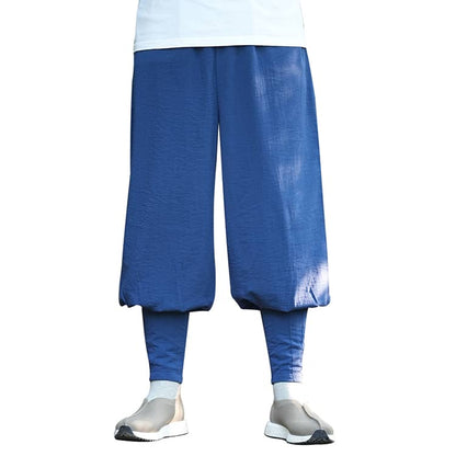 Blue Linen Casual Shaolin Monk Pants with Puttees