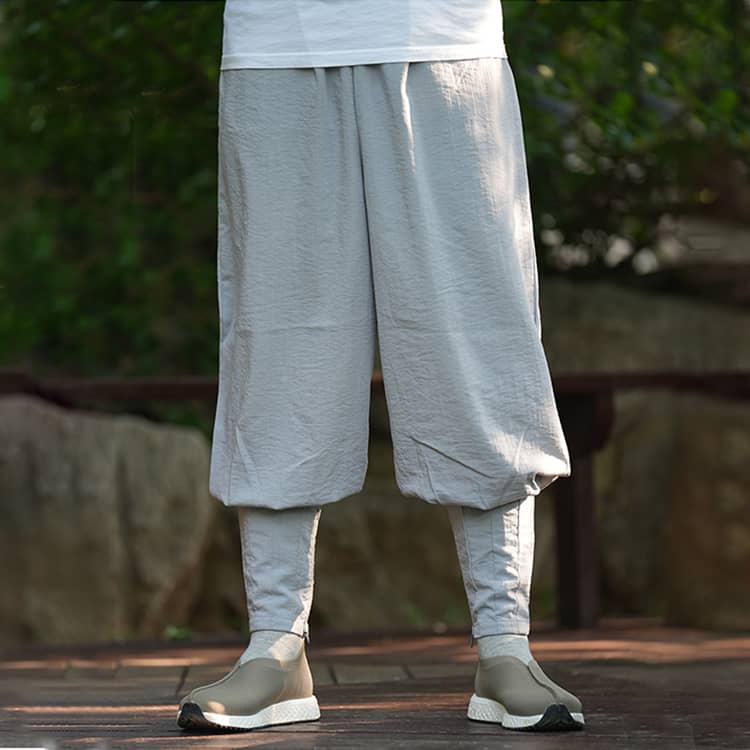 Grey Linen Casual Shaolin Monk Pants with Puttees