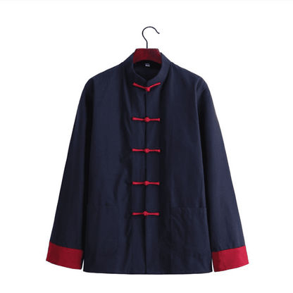 navy blue tang jacket with 5 red buttons