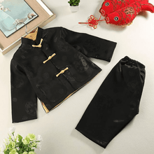 Load image into Gallery viewer, front of the black tang suit for kid in Chinese new year
