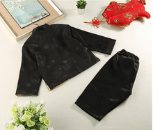 Load image into Gallery viewer, back of the black tang suit for kid in Chinese new year
