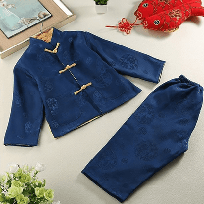 front of the navy blue tang suit for kid in Chinese new year