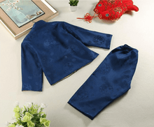 Load image into Gallery viewer, back of the navy blue tang suit for kid in Chinese new year
