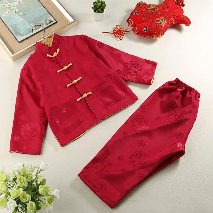 front of the wine red tang suit for kid in Chinese new year