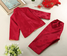Load image into Gallery viewer, back of the wine red tang suit for kid in Chinese new year
